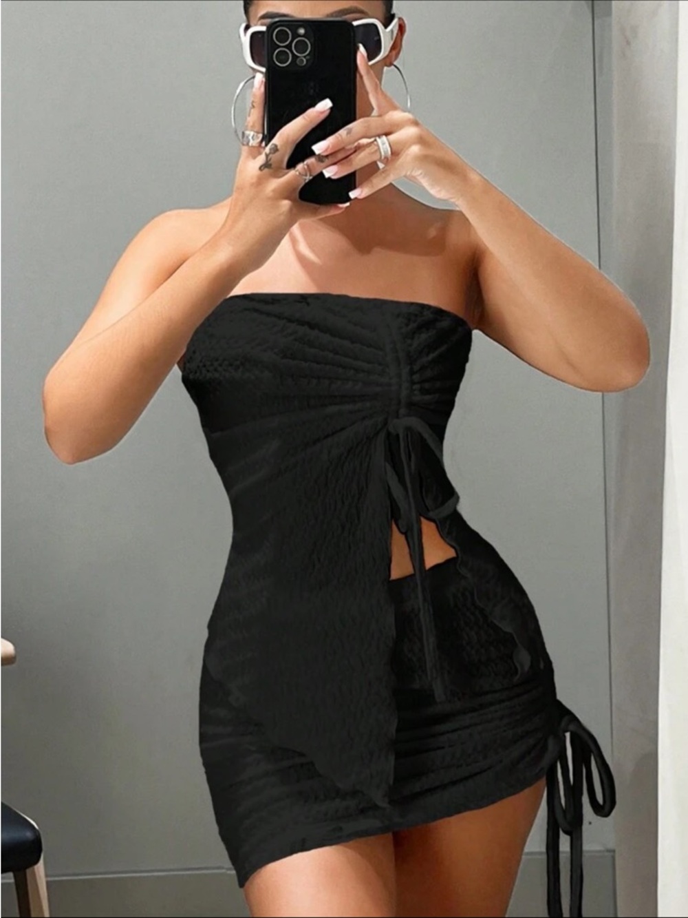SHEIN Black Strapless Ruched Mini Dress with Side Ties Summer Top & Bottom SET